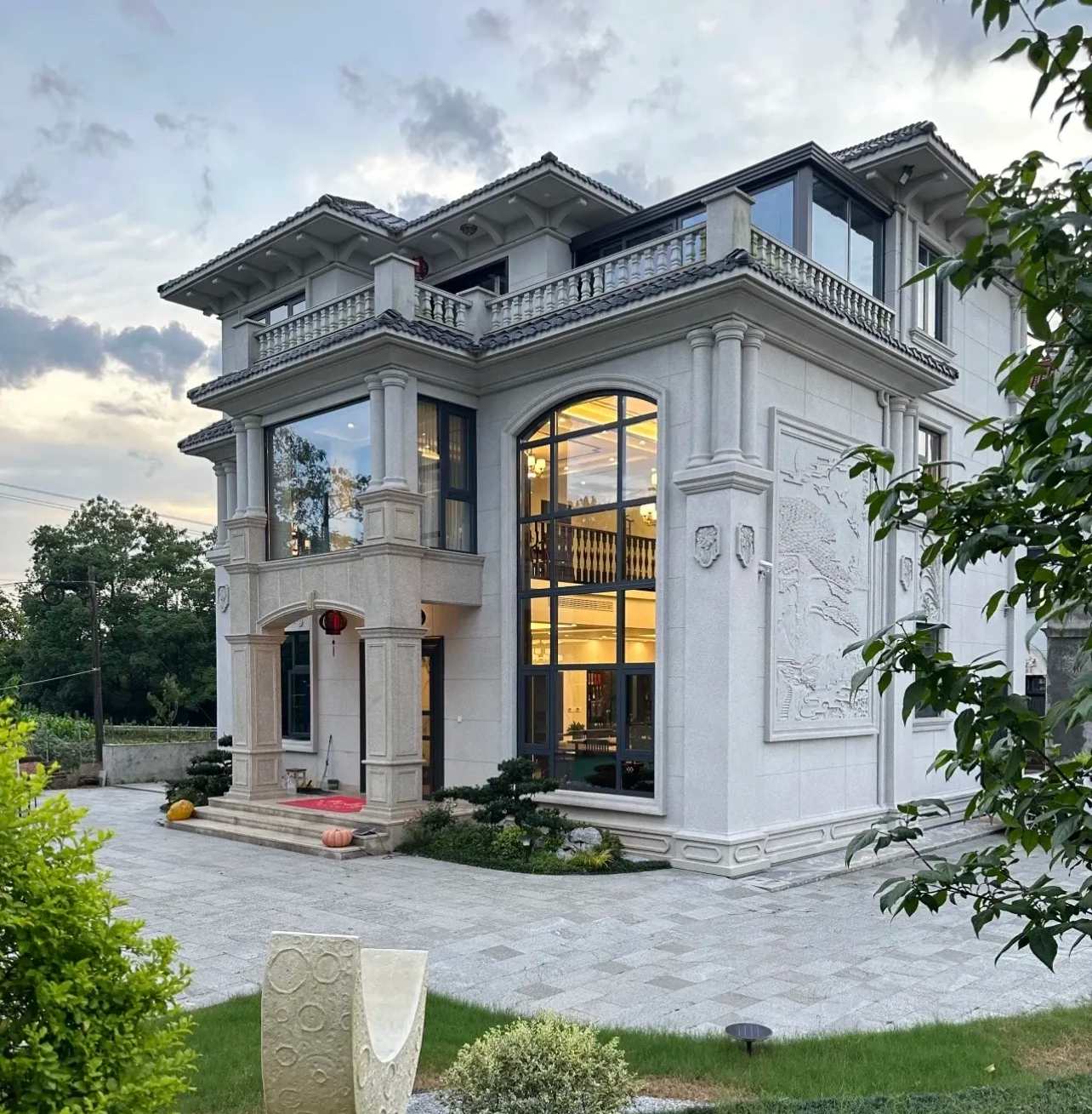 威海 白麻花岗岩私人别墅干挂石材豪华定制